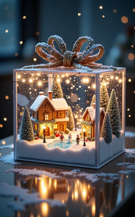 A crystal-clear transparent gift box containing a tiny Christmas-themed village. Inside the box, charming cottages with snow-covered roofs are adorned with festive decorations like garlands, golden ornaments, and sparkling string lights. The setting includes a frozen lake for ice skating, miniature street lamps glowing warmly, and small figurines building snowmen. The environment is lit with soft, magical lighting, emphasizing the intricate details of the miniature world. The gift box is placed on a reflective surface, enhancing its fantastical appeal. <lora:aidmaMJ6.1v0.4:0.6> aidmaMJ6.1