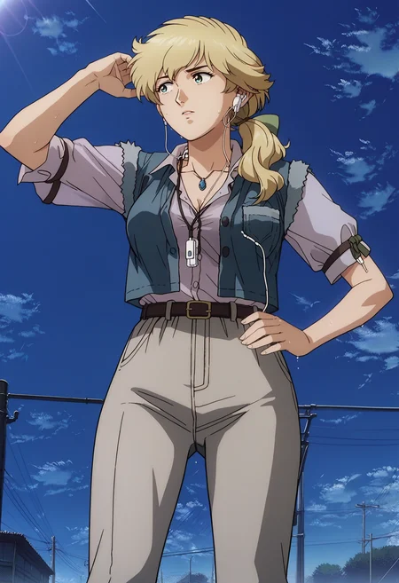 score_9, score_8_up, score_7_up, score_6_up, anime screencap, anime coloring, <lora:G0083NP:0.9>, G0083NP, blonde hair, side ponytail, long hair, green eyes, mature female, aged up,
earphones, cable, green ribbon, blue vest, (open vest), beige shirt, belt, grey pants, necklace, black knee boots,
standing, looking away, hand on own hip, sweat, arm up, from below, wet clothes, 
BREAK, blue sky, sunlight, day, cloud,