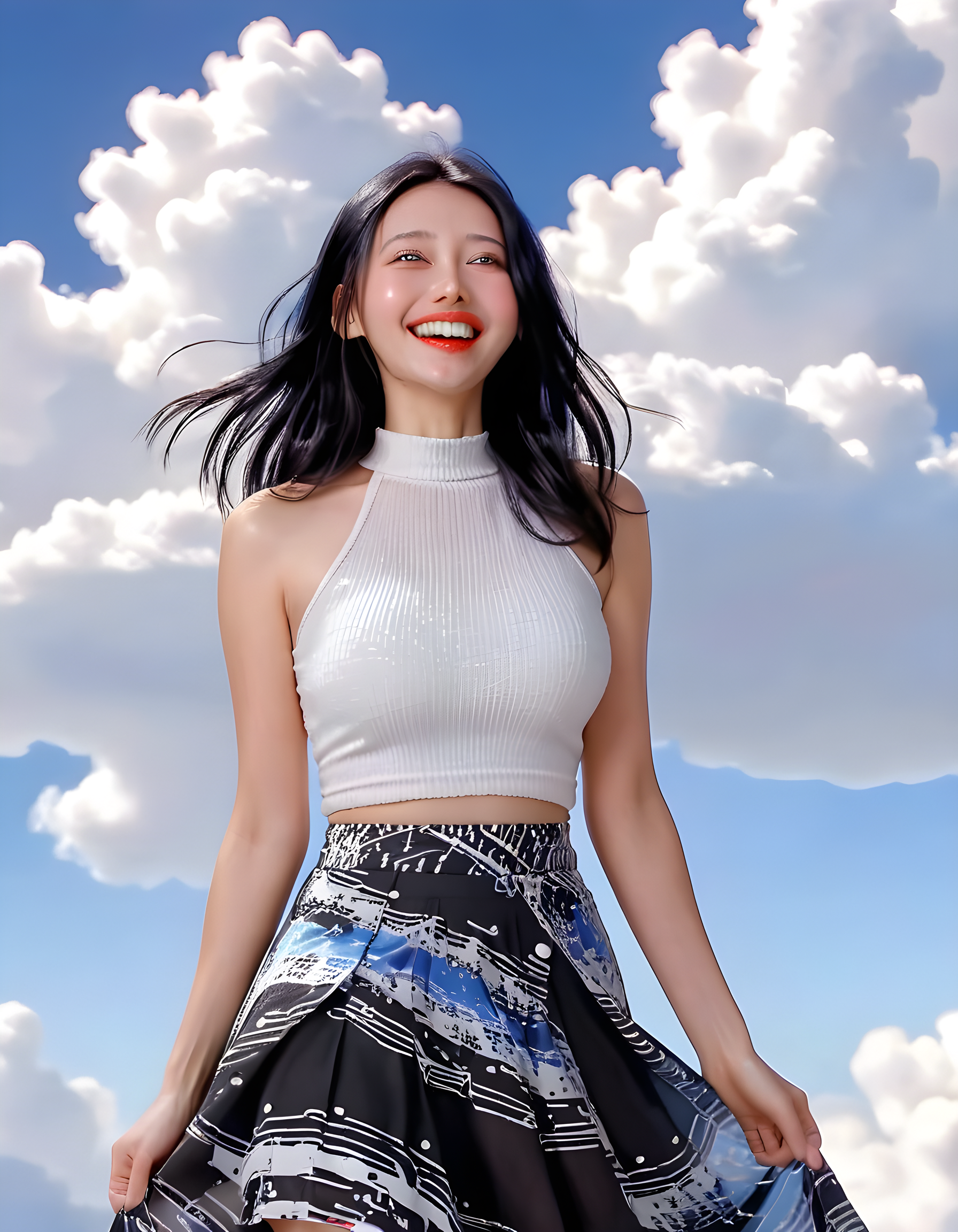 In a vibrant, digital-art-inspired setting where a blue sky meets the horizon line, a woman named L334Y, with black hair cascading down her shoulders, stands solo against a simple white backdrop. Her eyes sparkle with playful curiosity as she flashes a contagious grin, her lips painted a bold, captivating shade of red. The camera angle subtly tilts upwards from her feet, emphasizing her confident posture and the flowing movement of her casual yet stylish outfit _ a loose, high-necked black top with a flowing skirt, both adorned with intricate, glowing patterns reminiscent of pixelated energy. Behind her, the blue sky is filled with scattered white clouds that seem to dance in the wind, creating a harmonious blend of technology and nature.