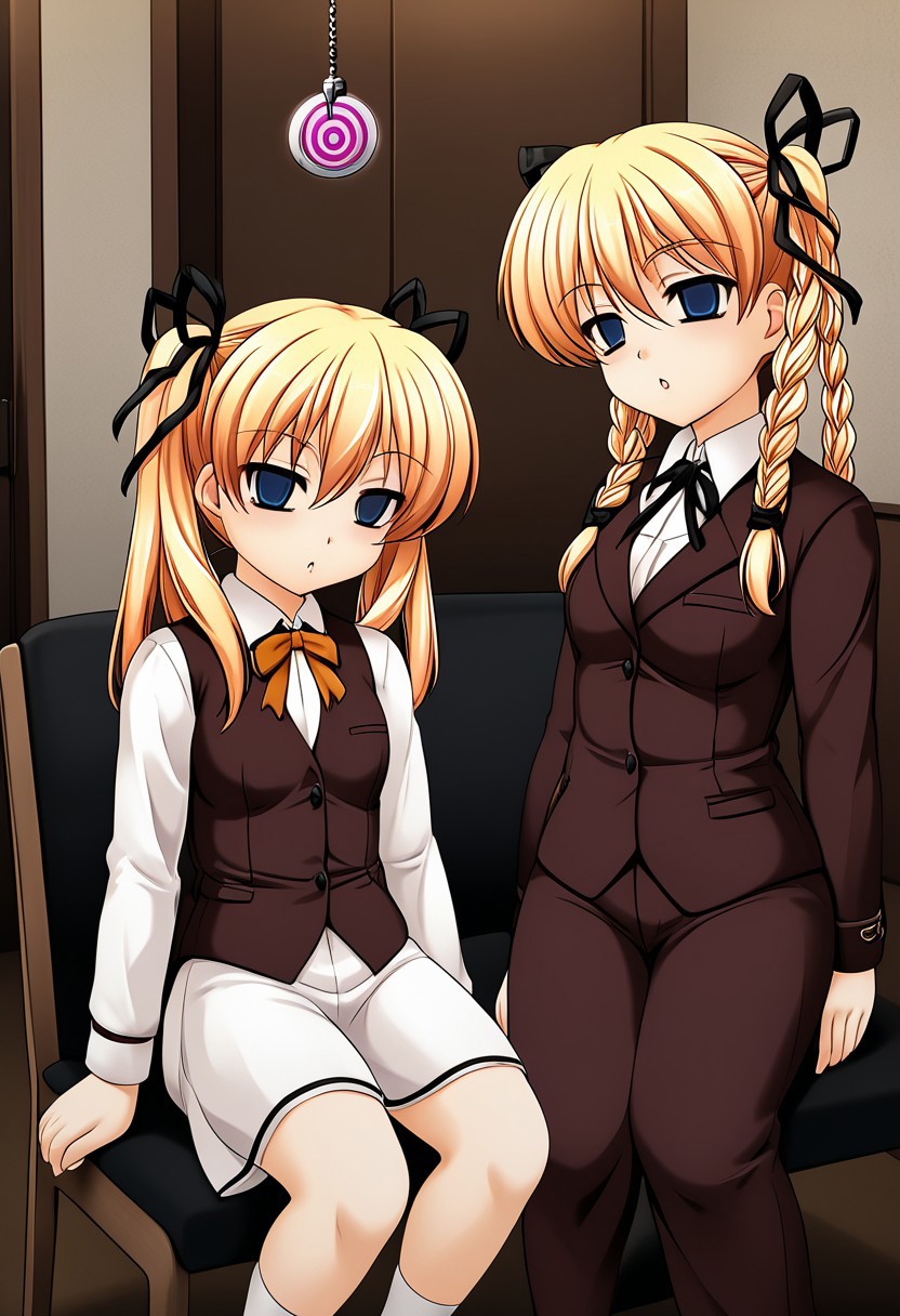 Itsuki and Imi being hypnotized,
score_9, anime, 2girls, lewd, smooth, 
mind control, hypnosis, hypnotic pendulum, (looking at pendulum), pendulum hanging from center, empty eyes,
side by side, (shoulder to shoulder), sitting, couch, sl0uch1ng, slouching,
Itsuki＆Imi, blonde hair, twins, siblings, blue eyes, twintails, braid, ribbon, sisters, twin braids, hair ribbon, long hair, chair, short stack,