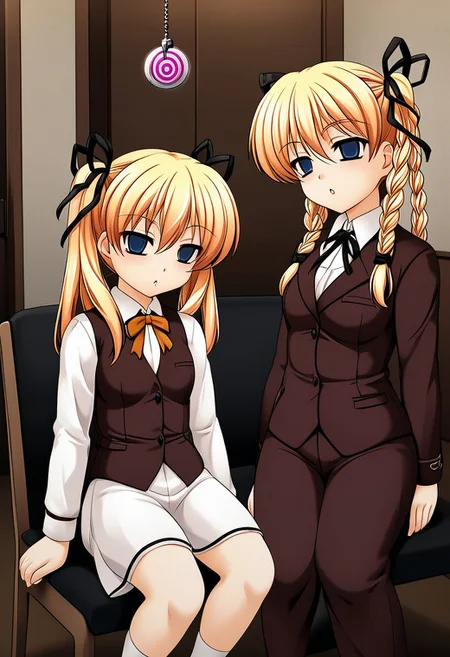 Itsuki and Imi being hypnotized,
score_9, anime, 2girls, lewd, smooth, 
mind control, hypnosis, hypnotic pendulum, (looking at pendulum), pendulum hanging from center, empty eyes,
side by side, (shoulder to shoulder), sitting, couch, sl0uch1ng, slouching,
Itsuki＆Imi, blonde hair, twins, siblings, blue eyes, twintails, braid, ribbon, sisters, twin braids, hair ribbon, long hair, chair, short stack,