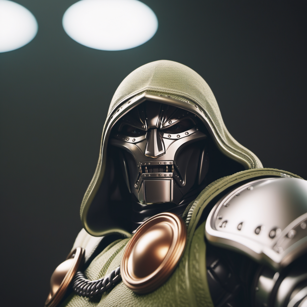 cinematic photo  dr doom with an helmet and a hood, futuristic labotary background <lora:DrDoom1024:0.8> . 35mm photograph, film, bokeh, professional, 4k, highly detailed