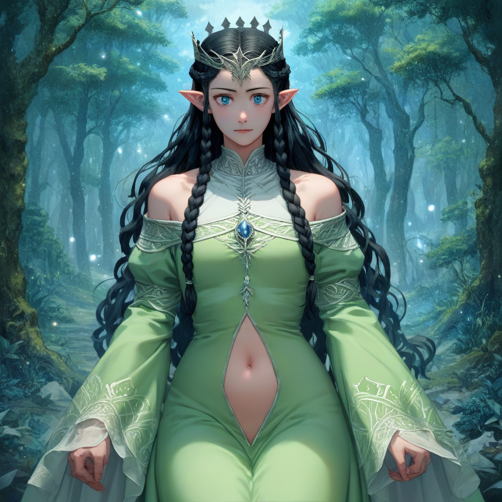 score_9, score_8_up, score_7_up,score_6_up, artist style:Urushihara Satoshi, source_hentai, source_anime, masterpiece, 2D, Arwen_Undómiel,tolkien's_legendarium, BREAK, Arwen\(Lord_of_the_Rings\),  Arwen, elf, pointy ears, blue eyes, black hair, long hair, sidelocks, braided_hair, crown_braid, 1woman,, horny, green dress, navel_cutout, off-shoulder_dress, bare_shoulders, revealing_clothes, impossible_dress, source_anime, anime style