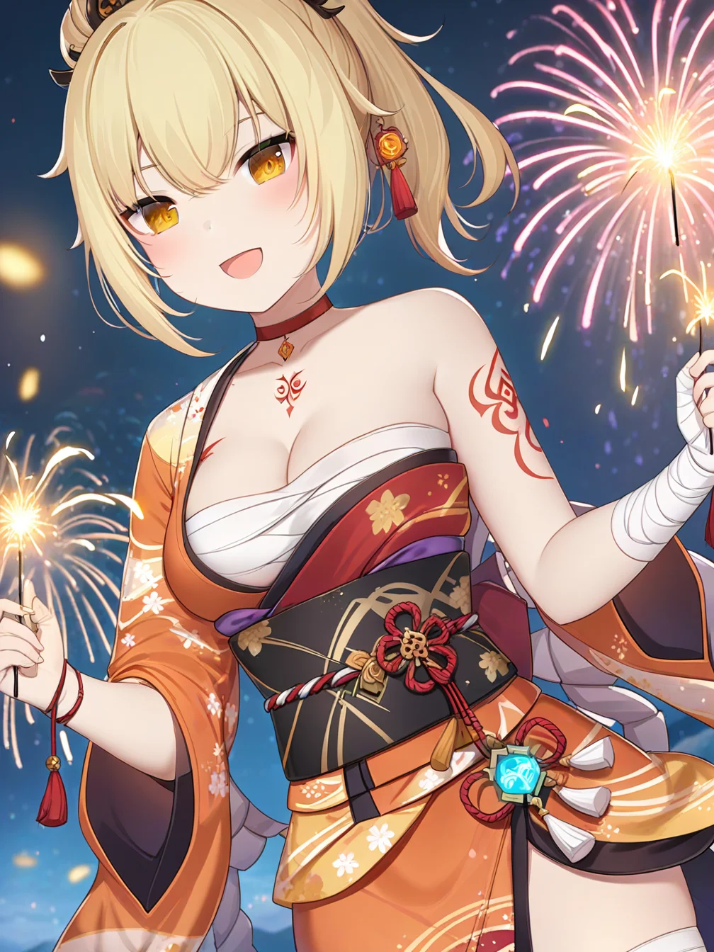 1girl,short hair,breasts,looking at viewer,smile,open mouth,bangs,blonde hair,hair ornament,gloves,cleavage,hair between eyes,medium breasts,yellow eyes,ponytail,:d,outdoors,japanese clothes,sky,choker,fingerless gloves,kimono,orange eyes,sash,tattoo,night,bandages,obi,rope,night sky,fish,pouch,sarashi,bandaged arm,geta,vision \(genshin impact\),red choker,arm tattoo,shimenawa,bandaged leg,fireworks,chest tattoo,hadanugi dousa,orange kimono,single fingerless glove,sparkler,
<lora:gan_cheng_3-000044>,