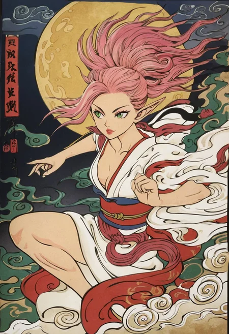 safe_pos, score_9, score_8_up, score_7_up, score_6_up, score_5_up, score_4_up, <lora:traditional_Japanese_art:0.8>,  traditional japanese art, fighting stance, masterpiece, highres, 1girl, sexy elf woman, detailed green eyes, perfect detailed face, pointy ears, medium pink hair, mystical, sensual, slim, small breasts, wearing short kimono, night, moon, floating on clouds