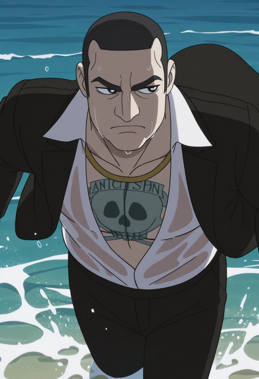 album cover, 1boy, wading, walking, looking to the side, (close-up:2.0), ocean, wet clothes, from above, sea spray, serious,
BREAK
nuclearterrorist, anime screencap, mature male, black hair, buzz cut, black eyes, thick eyebrows, gold necklace, jewelry, large pectorals, plump
BREAK
black jacket, white shirtcollared shirt, low neckline, open shirt, open jacket, long sleeves, formal, floating clothes,
BREAK
best quality, masterpiece, very aesthetic, absurdres, highest detailed, <lora:Antagonist_of_E1_from_Q-Force_v1.0_1648413:1>