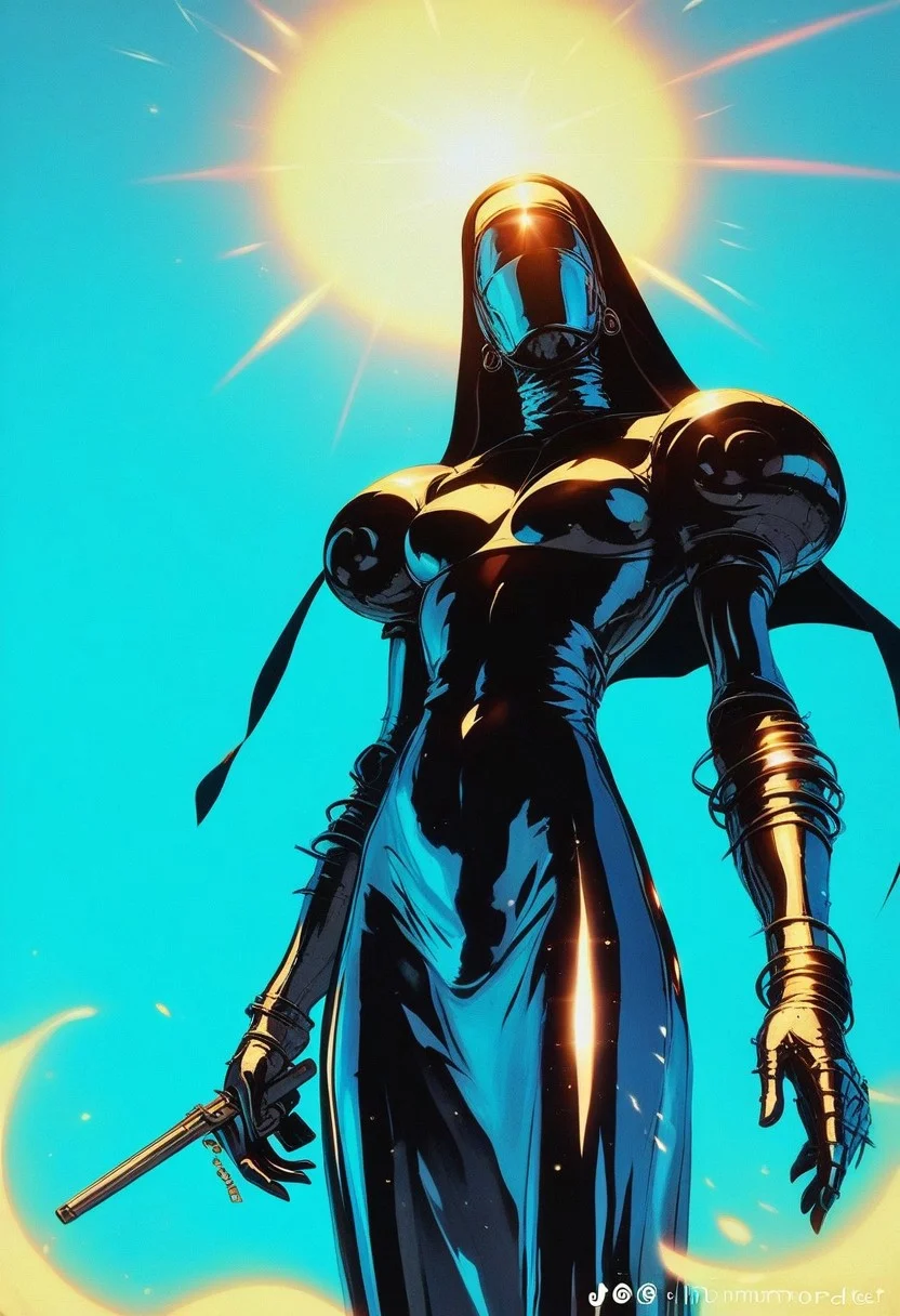 Score_9, score_8_up, score_7_up, score_6_up, 1g0r, nun holding two guns, mystery pose, habit, veil, Christian symbols, cool, from below, epic pose, feminine, serious, splash art, faceless female, long hair, standing, simple background, Chromecore, dark and blue background, vibrant colors, colorful, metal skin, expressionless, serious, Chromecore, bright, dark vibes, dark fantasy, armor, chromecore skin, glossy, polished, mirror sheen, lens flare, caustic lighting, specular highlights, radiant glow, diffused reflections, light scattering, chrome reflections, sparkling bokeh, iridescent highlights, glinting silver effects, <lora:Chromecore_style:0.8>