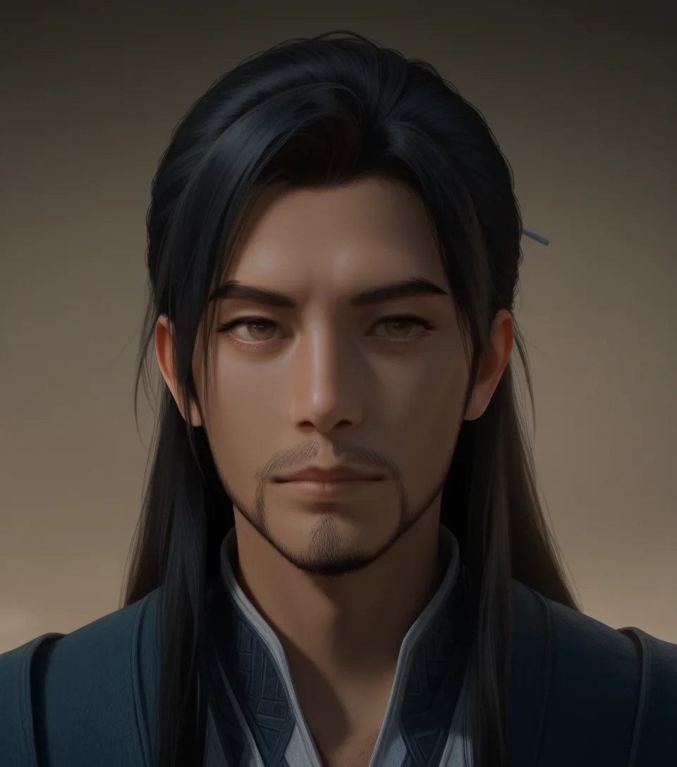 Hanli, realistic, long hair, brown eyes, facial hair, black hair, 1 boy, masterpiece, best quality, amazing quality