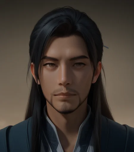 Hanli, realistic, long hair, brown eyes, facial hair, black hair, 1 boy, masterpiece, best quality, amazing quality