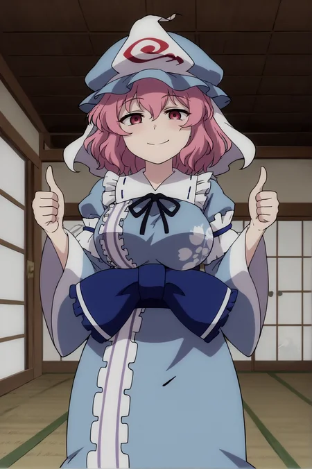 score_9, score_8_up, score_7_up,anime_source, source_anime, best background, detailed background, anime screencap, Yuyuko, blue kimono, hat, japanese clothes, kimono, long sleeves, mob cap, seductive smile, solo, triangular headpiece, wide sleeves, horny face, naughty face, dynamic camera, dynamic angle, thumbs up, indoors, <lora:JN_Yuyuko_Saigyouji:0.8>