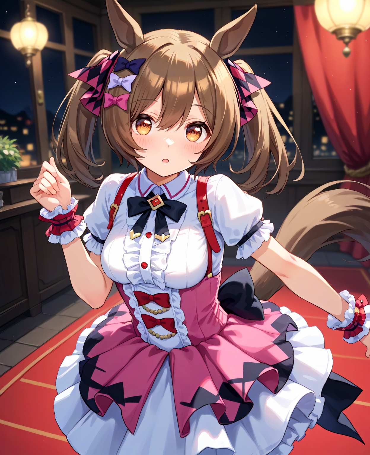 score_9, score_8_up, score_7_up, 1girl, (looking at viewer:1.2), (open mouth:0.6), , blush, patterned background,, (knees up:1.2),, (,:1.2),
<lora:pony_smart_falcon_v1.01:0.9>, smart falcon \(umamusume\), horse ears, horse tail, medium breasts, twintails,
puffy short sleeves, white shirt, white layered skirt, pink corset skirt, red suspenders, plaid pattern hair ribbon, red kneehighs, bridal garter, wrist cuffs, black bowtie, low back multicolored ribbon, hairclip, red ribbon, center frills, ,
,