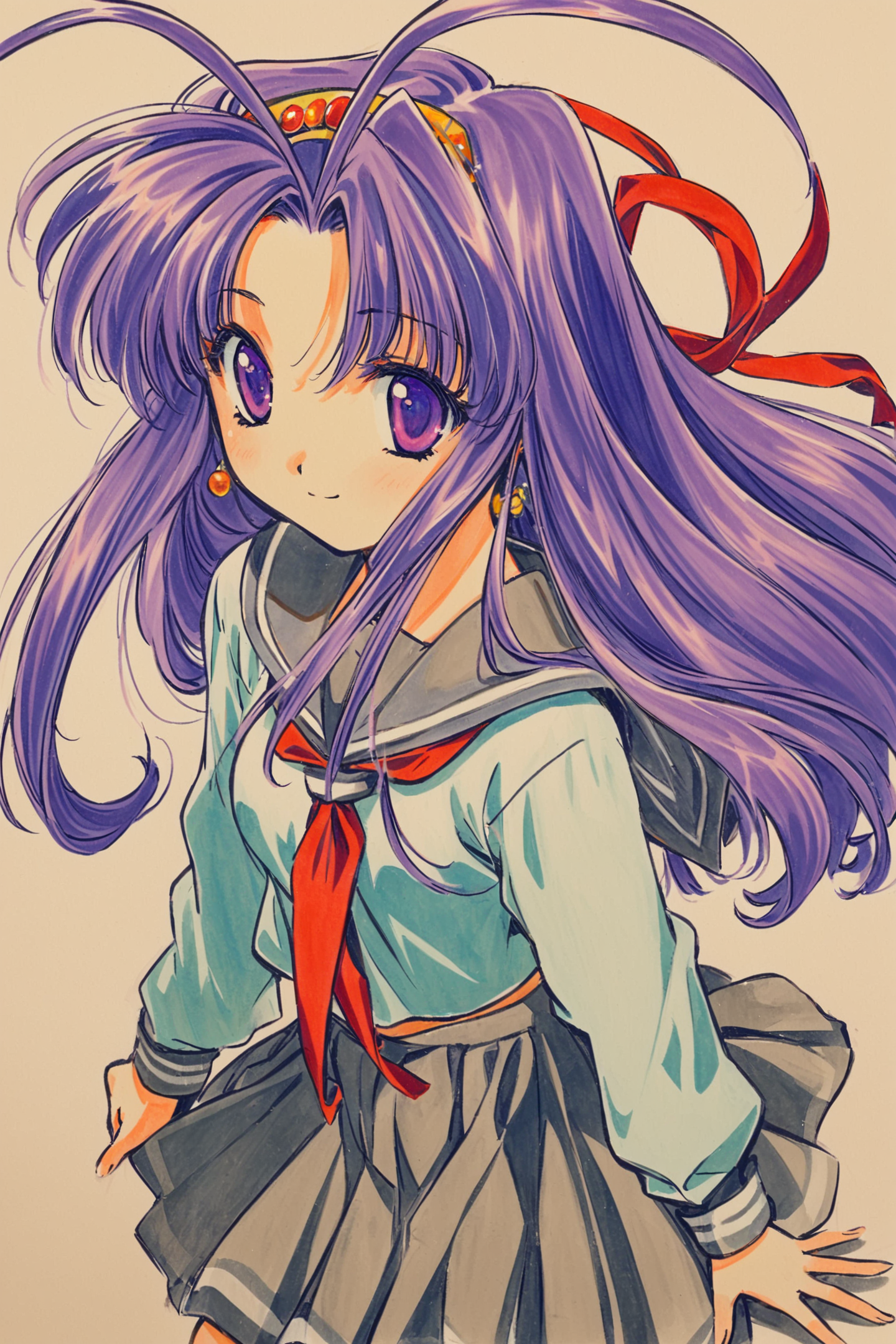 Shaorin,1girl,solo,long hair,purple eyes,earrings,jewelry,smile,school uniform,antenna hair,simple background,purple hair,white background,ribbon,hair ornament,looking at viewer,long sleeves,bangs,skirt,traditional media,colored_pencil_(medium),<lora:Minene Sakurano_XL:0.8>,