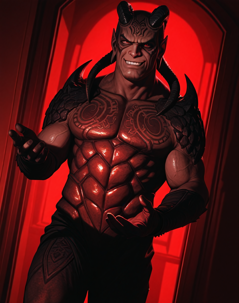 <lora:Wishmaster_(Wishmaster)_(Illustrious)_(AD):1.5> Wishmaster, muscular, djinn, 
dutch angle, interior, 
male focus, gradient coloring, solo, cowboy shot, bent leg, soft shading, smug expression, cunning, clever, hyper intelligent, manipulator, smirk, grooved body, hyper muscular, horns, 
BREAK very awe, aesthetically pleasing, masterpiece, best quality, amazing quality, very aesthetic, perfect depth of field shot, in'ei, hyper realism, photographic realism, 
Smooth Quality, lazympos, IllustQualXL_Pos,