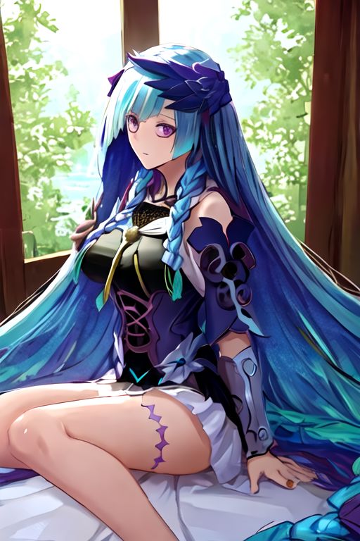 solo_focus, 1girl, (((masterpiece))), ((best quality)), ((ultra-detailed)), high resolution, absurdres, highres, ultra-detailed 8k unity wallpaper, 
brynhild_fgo, long_hair, purple_eyes, very_long_hair, breasts, bangs, blush, blue_hair