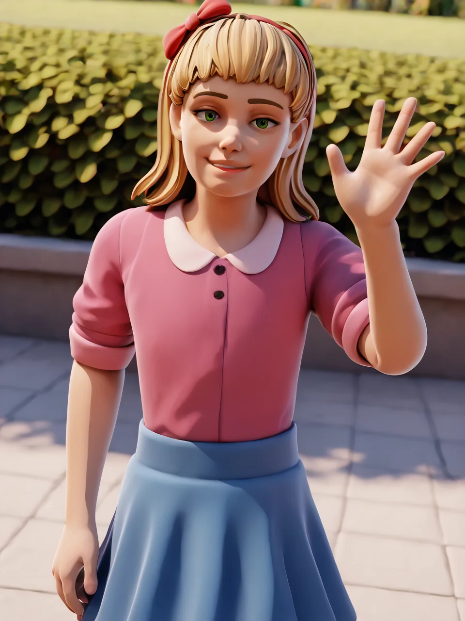 score_9, score_8_up, score_7_up, score_6_up, BREAK, EliAfton, 1girl, solo, blonde hair, green eyes, hairband, hair bow, pink shirt, blue skirt, smile, looking at viewer, raise left han, waving <lora:Elizabeth_Afton:1>