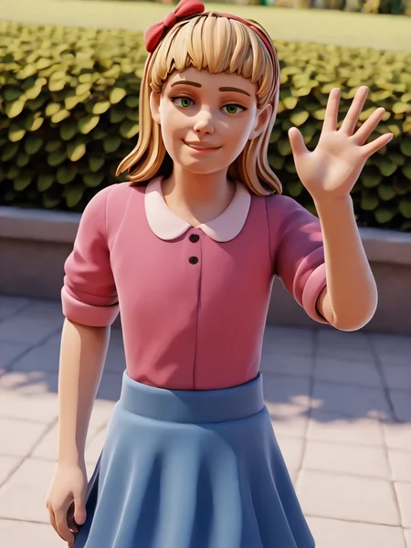 score_9, score_8_up, score_7_up, score_6_up, BREAK, EliAfton, 1girl, solo, blonde hair, green eyes, hairband, hair bow, pink shirt, blue skirt, smile, looking at viewer, raise left han, waving <lora:Elizabeth_Afton:1>