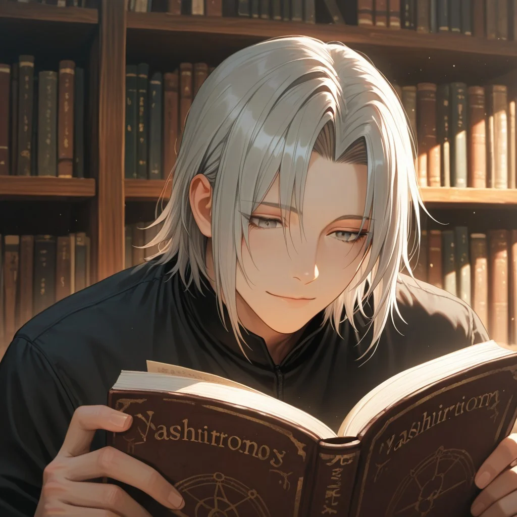 masterpiece, best quality, amazing quality, absurdres, newest, detailed background, definition so sharp, Ultra-HD, 8K cinematic, very awa, impressionate, amazing quality, highres,
solo, male focus, manly,
yashiroisana, 1boy, short hair, parted bangs, shiro_pretime, shiro_grey hair, shiro_grey eyes, reading a book, light smile, calm expression, library, soft light, bookshelves, playful, aesthetic, peaceful, intellectual