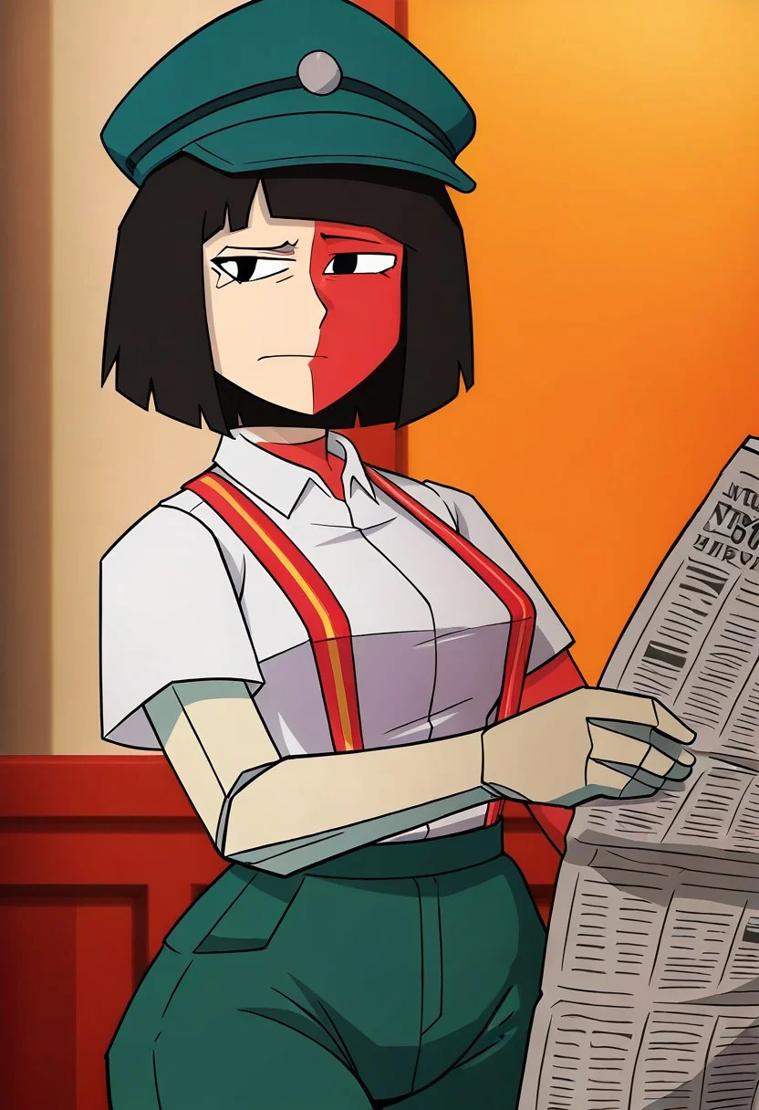 score_9, score_8_up, score_7_up, source_cartoon, show accurate, 1girl, sexy girl, solo, solo focus, ena2, rightface, leftface, geometric body, detached limbs, multicolored skin, white and red skin, black eyes, dbbqoutfit, green headwear, peaked cap, white shirt, collared shirt, short sleeves, suspenders, green shorts, black hair, short hair, blunt bangs, portrait, close up, face focus, seme, meme, thick thighs, tljwan, holding, newspaper, raised eyebrow, wide hips, steamy body, vanishing point, half torso