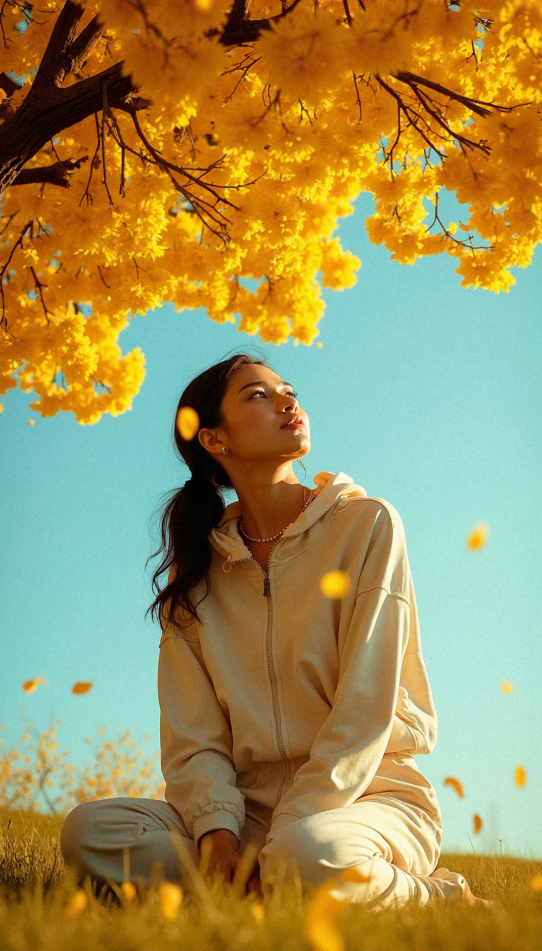 a scene where a woman, a golden-bloomed tree, her face lit by the warm glow of the blossoms. She is dressed in a casual tracksuit, and her expression is serene yet reflective. The vibrant yellow flowers above form a natural canopy, with a few petals gently floating down around her, creating a tranquil yet poignant atmosphere. The sky behind is a clear, deep blue, contrasting with the bright blossoms. Every detail, from the texture of her clothes to the soft light filtering through the flowers, is captured in sharp, photorealistic detail, highlighting the harmonious blend of natural beauty and human presence.

Kneeling with both hands gripping the grass