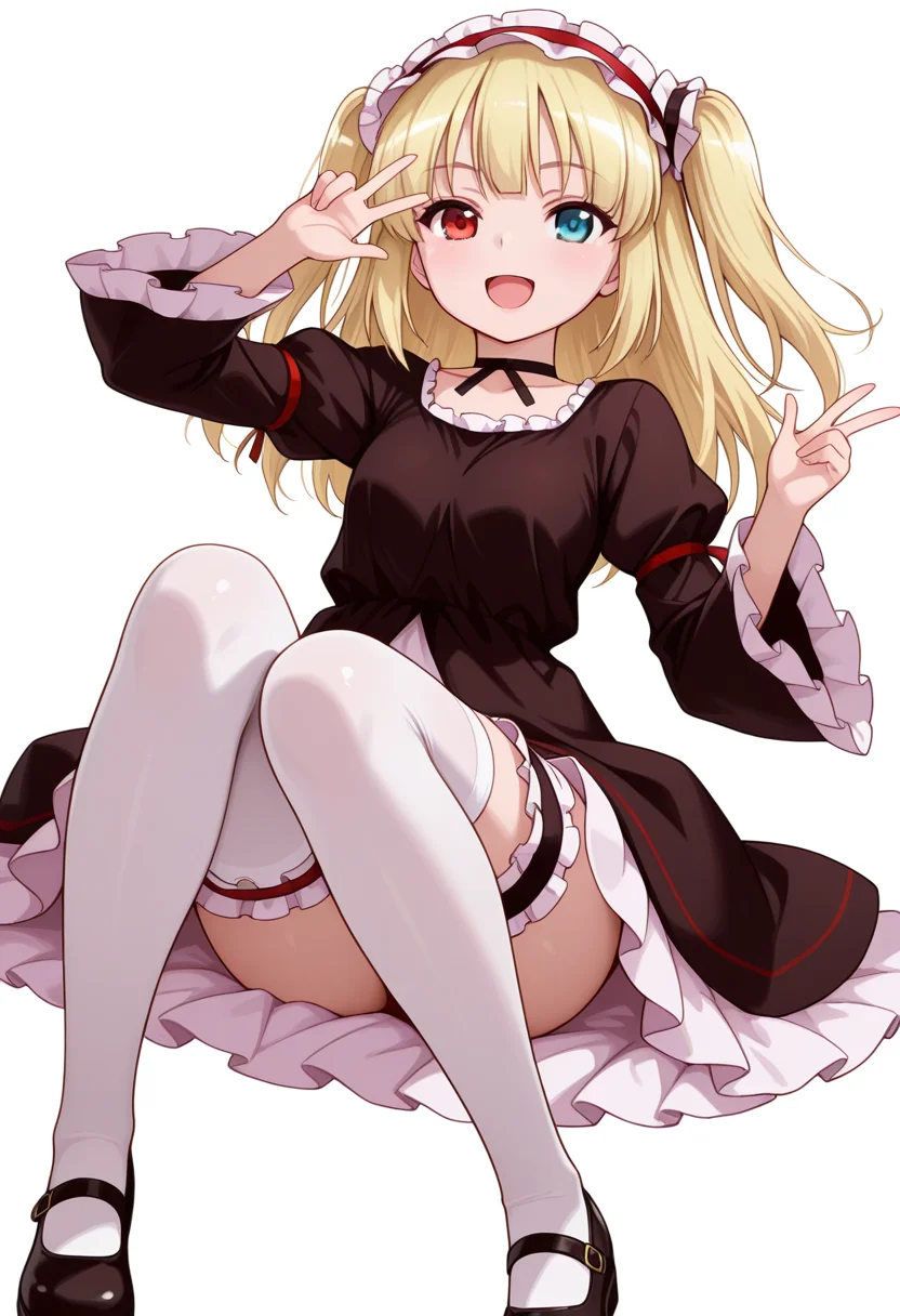 Smooth Quality,masterpiece,very intricate, high quality details, ultra realistic, high detailed skin,detailed enviorement,absurdres,
middle w,
<lora:Kobato_Hasegawa_CNR:0.8> kobato_cnr, hasegawa kobato, 1girl, blonde hair, two side up, heterochromia, red eyes, blue eyes,
dress, hairband,choker,white thighhighs, pantyhose,mary janes, shoes, bridal garter, long sleeves, wide sleeves,, simple background, white background, dutch angle,solo,, \(^o^)/,