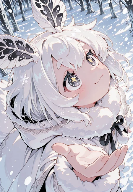 (sparkling eyes), S4bit4mago_illu, anime style, s0wasow4rt_illu, halftone, detailed background, , Cartoon_Type, score_9, score_8_up, score_7_up, (solo), extreme detail, masterpiece, best quality, amazing quality, very aesthetic, high resolution, fluffy fur, ultra-detailed, absurdres, (beautiful moth girl), 1 girl, close up, fluffy, (compound eyes), from side, looking up at sky, behind trees, bug_like eyes, dynamic angle, from above, anthro, ((cute theme)), source_anime, large black eyes, body covered, reaching for snow, (falling snow), snowflake in hand, snow in foreground, depth of field, looking into distance, trees in forground, snowy forest, in foliage, soft smile, wearing cloak, curvy, glossy body, puzzled look, dynamic angle, sparkling eyes, glitter eyes,