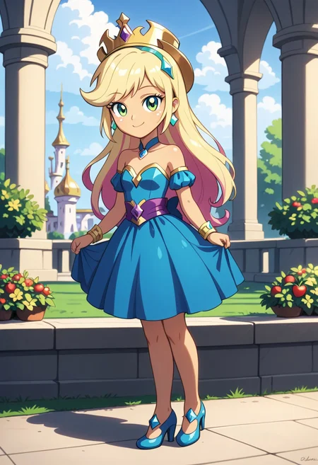score_9, score_8_up, score_7_up, score_6_up, from My Little Pony Equestria Girls, a very young little human girl Applejack wearing a fit blue|sky|green|brown|darkpurple|red|yellow gradients colors short princess dress, elegant detailed princess shoes, solo, 1girl, little princess girl, gradient golden blond hair with crown hairband, smile, childhood, looking at viewer, glow detailed eyes, garden of canterlot, tul, chiffon, laces, semi realistic cartoon, unreal engine 5, full body close-up, absurdres, digital art, soft light, perfect hands, perfect, hands, perfection, soft orange skin, green eyes, apples accesories and shoes, jewelery, tres chic,<lora:age_slider_v4:-4>,