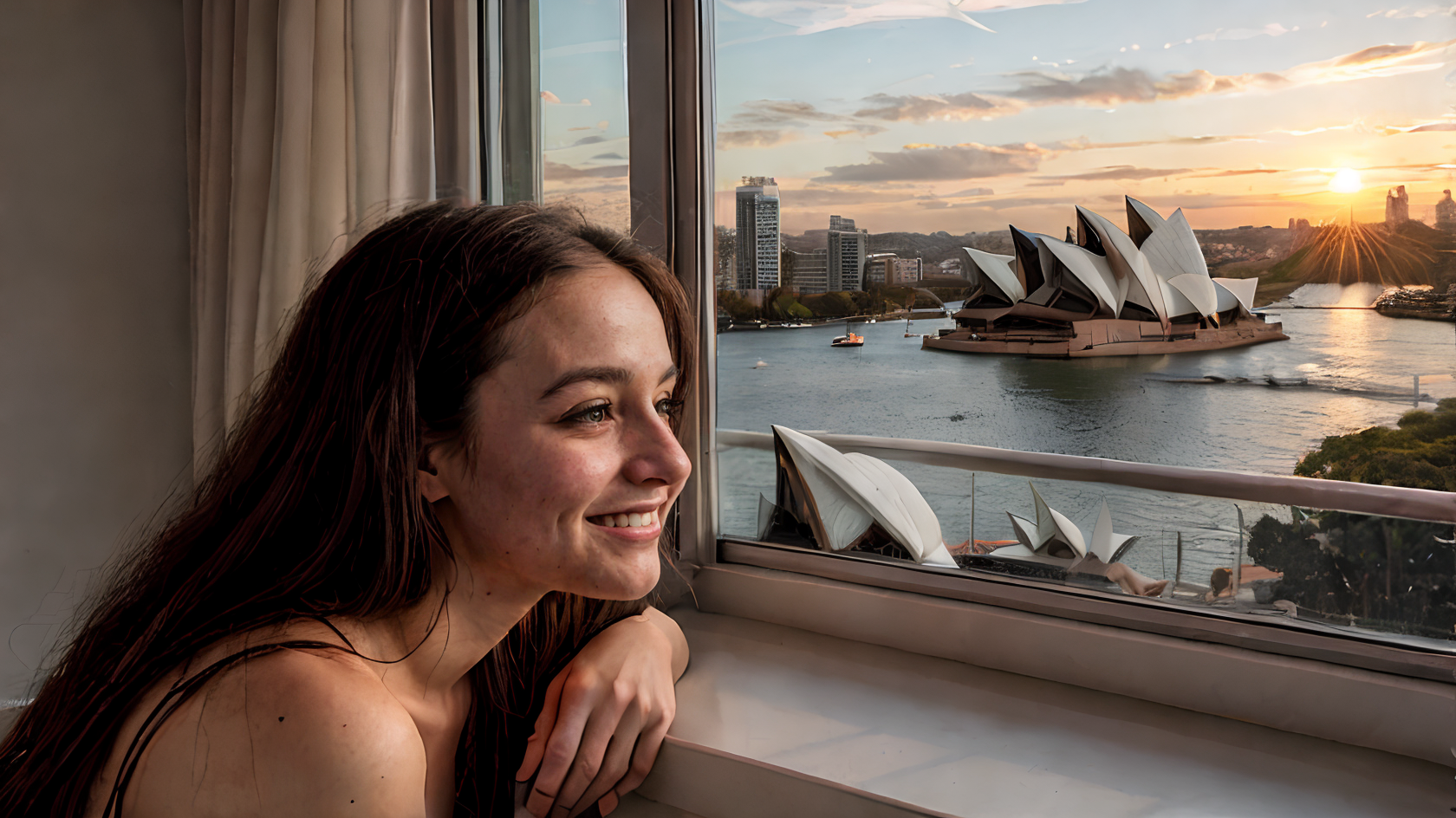 Inside the iconic Sydney Opera House, adorable cute woman gazes out of the window, her long brown hair flowing in unison. The sun is setting, casting a warm orange glow over the cityscape.  <lora:Tangbohu_real_style_FLUX_type_A:1>  <lora:Midjourney_-_SemiReal_Dreams_FLUX_LoRA:1>  <lora:extremely_detailed:1>