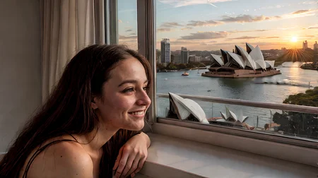 Inside the iconic Sydney Opera House, adorable cute woman gazes out of the window, her long brown hair flowing in unison. The sun is setting, casting a warm orange glow over the cityscape. <lora:Tangbohu_real_style_FLUX_type_A:1> <lora:Midjourney_-_SemiReal_Dreams_FLUX_LoRA:1> <lora:extremely_detailed:1>