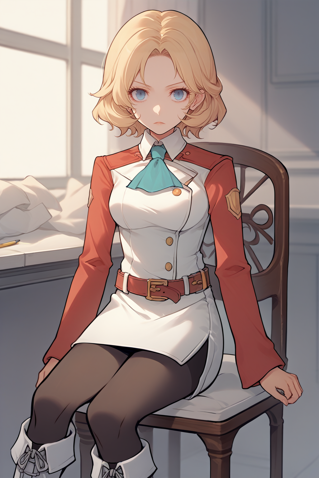 source_anime, score_9, score_8_up, <lora:NSPhyllisPortia:1> solo, NSPhyllisPortia, blonde hair, medium hair, blue eyes,  <lora:elie-pdxl-nvwls-v1:1> zeroElie, ascot, uniform, long red sleeves, white dress, pencil skirt, belt, black pantyhose, white boots, sitting, chair, indoors, expressionless