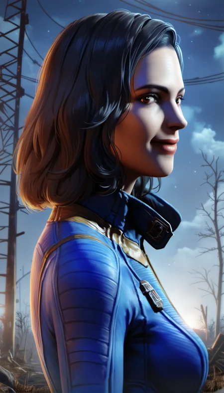 score_9,score_8_up,score_7_up,
<lora:nora:0.9>,fo4nora,
realistic,
1girl,solo,black hair,medium hair,brown eyes,looking at viewer,smile,
blue jumpsuit,portrait,from side,
outdoors,blurry background,vignetting,post-apocalypse,cloud,barren wasteland,wilderness,dry and desolate ground,dead tree,(night:1.2),starry night,lights particle,lens flare,