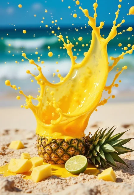 yfg-c0ff, A burst of vibrant yellow pineapple juice, propelled from a squeezed tropical fruit, creates a tangy splash against a sun-drenched beach towel. The juice, captured in a moment of fruity explosion, forms a cloud of tiny droplets, reflecting the bright sunlight. A few stray pineapple chunks and a slice of lime lie scattered on the sand, adding to the tropical scene. The squeezed fruit, now empty, lies on its side, its peel partially obscured by the spilled juice. The background is a sandy beach, with crashing waves and a clear blue sky.