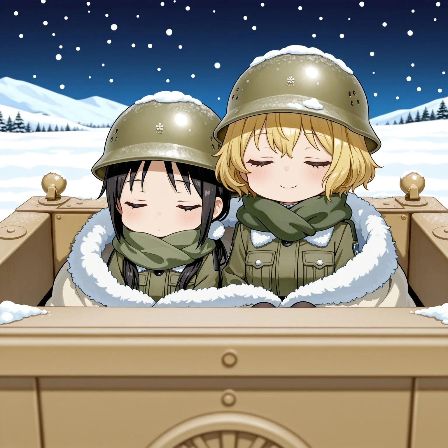 score_9,score_8_up,score_7_up,source_cartoon,masterpiece,best quality,detailed digital illustratio,zPDXL3,<lora:kettenkrad-000023:1>,kettenkrad,snow,snowing,night,last tour,
2girls,sitting inside kettenkrad,Chito \(girl's last tour\),black short hair,olive drab colored helmet,smile,olive drab cold weather military uniform with fur around the neck,chibi,
2girls,sitting on rear sheat,Yuuri \(girl's last tour\),blonde,short hair,fluffy hair,olive drab colored helmet,,olive drab cold weather military uniform with fur around the neck,closed eyes,chibi, kettenkrad, sleeping, wrapped in warm blanket, cuddling