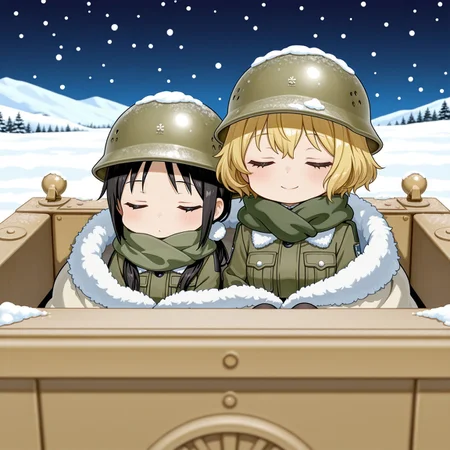 score_9,score_8_up,score_7_up,source_cartoon,masterpiece,best quality,detailed digital illustratio,zPDXL3,<lora:kettenkrad-000023:1>,kettenkrad,snow,snowing,night,last tour,
2girls,sitting inside kettenkrad,Chito \(girl's last tour\),black short hair,olive drab colored helmet,smile,olive drab cold weather military uniform with fur around the neck,chibi,
2girls,sitting on rear sheat,Yuuri \(girl's last tour\),blonde,short hair,fluffy hair,olive drab colored helmet,,olive drab cold weather military uniform with fur around the neck,closed eyes,chibi, kettenkrad, sleeping, wrapped in warm blanket, cuddling