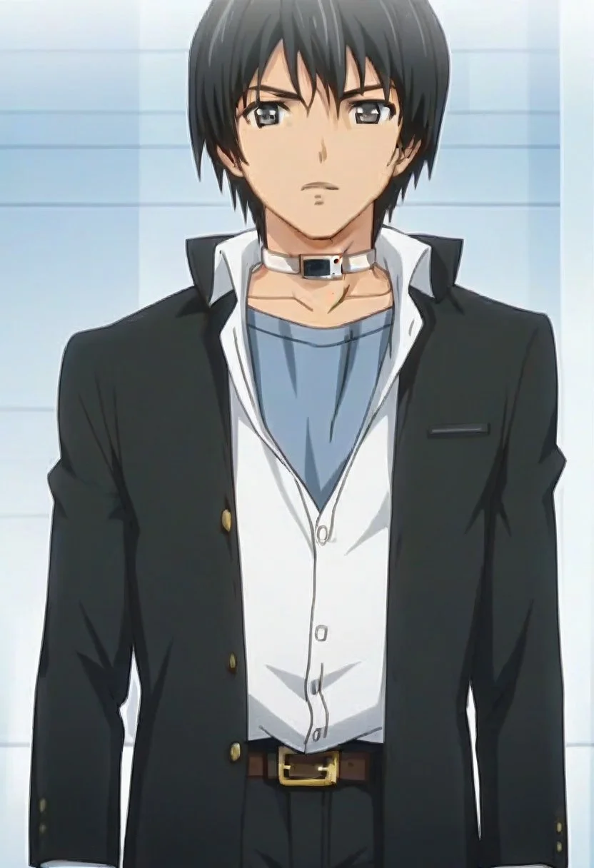((masterpiece)), ((best quality)), ((ultra-detailed)), score_9_up, score_8_up, score_7_up, HD, top quality, best quality, High-quality illustrations, anime screencap, perfect anatomy, 1boy, 1male, male anime character, anime boy, solo male, male focus, Keisuke Takatou,black hair,grey eyes,neck collar strap, handsome, attractive, cute, tall body, tall height, lean body, short black jacket, tuck-in white polo shirt, belt, black pants, white mysterious room, serious expression, poker face