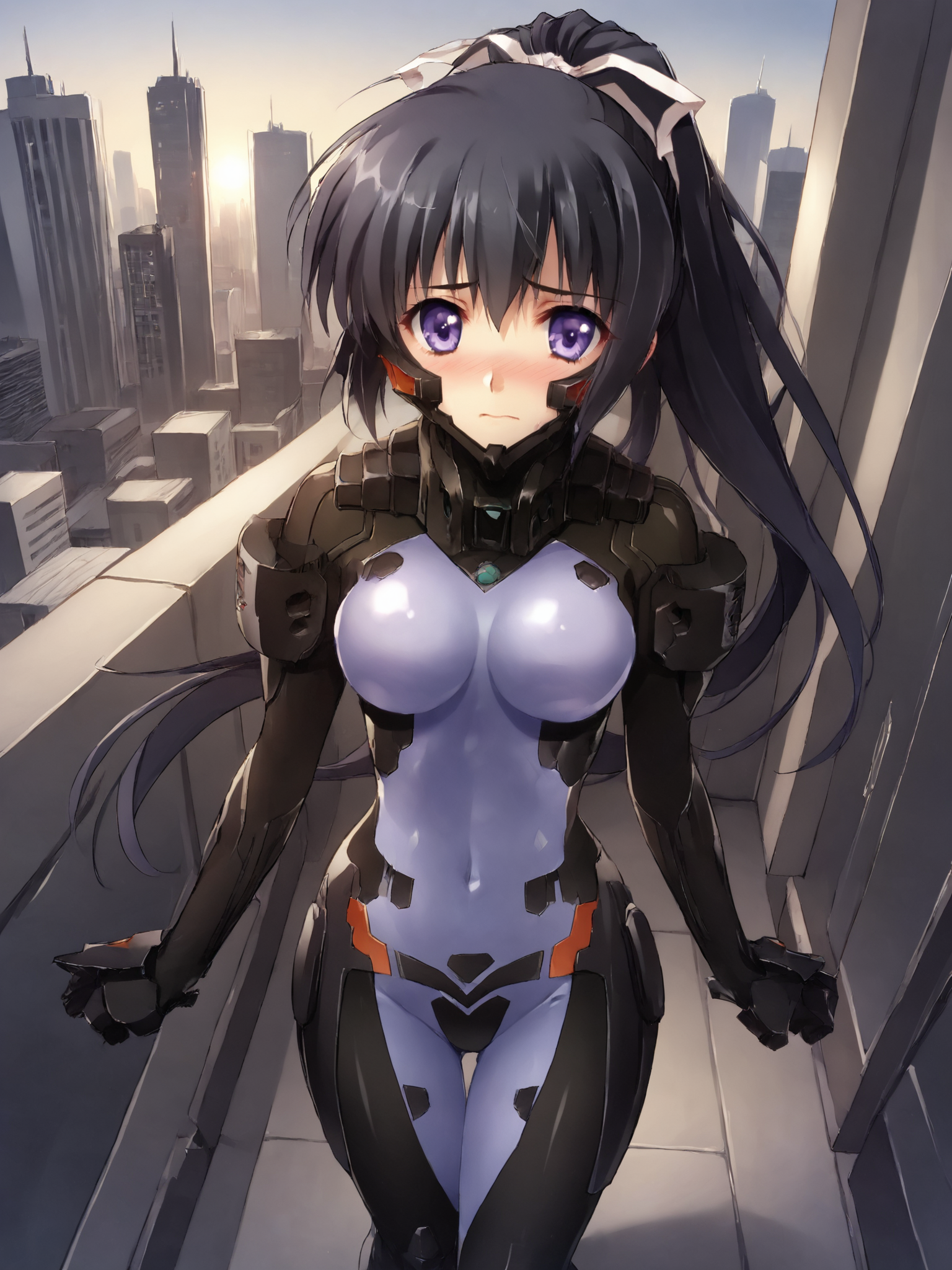 score_9, score_8_up, score_7_up, zPDXL, zPDXLpg, <lora:offset_0.2:0.1>, <lora:spo_sdxl_10ep_4k-data_lora_webui:1>,
1girl, solo,
schwarzesmarkenfortifiedsuit, pilot suit, impossible bodysuit, <lora:East_German_Fortified_Suit:1>,
gretel jeckeln, black hair, long hair, sidelocks, purple eyes, ponytail, white ribbon, medium breasts,
embarrassed, blush, looking at viewer, from above,
outdoors, city, skyline