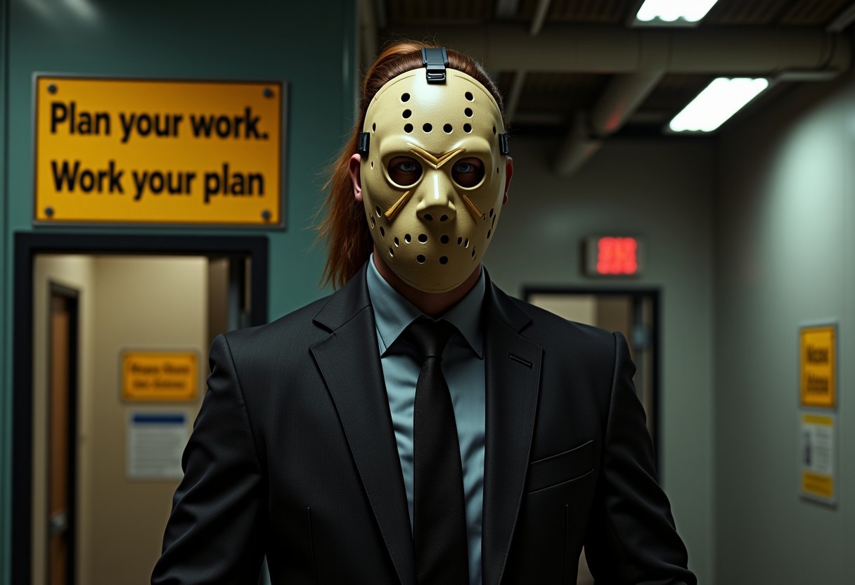 Dynamic wide-angle full-body view of a well dressed male bank robber wearing an hockey mask. Cinematic, raw photo. Appearance: accurate and detailed clothes and mask. Hair: brown medium man ponytail. Accessories: big dark leather gym-bag on one shoulder. Expression: Looking straight at the viewer with a piercing expression, subtly smiling. Skin: Very realistic and accurately detailed.
A metal sign on the wall of the bank, clearly entirely readable black on yellow says "Plan your work."
Another sign below it says "Work your plan."
Many details everywhere. 
Ray-Tracing. 
Anti-Aliasing. 
Realistic reflections. 
Realistic soft shadows. 
Slightly dull colors. 
Insane quality. 
Insane resolution. 
Insane details. 
Masterpiece. 
16k resolution.

FFSRA.