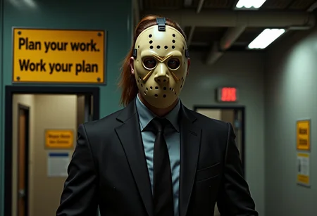 Dynamic wide-angle full-body view of a well dressed male bank robber wearing an hockey mask. Cinematic, raw photo. Appearance: accurate and detailed clothes and mask. Hair: brown medium man ponytail. Accessories: big dark leather gym-bag on one shoulder. Expression: Looking straight at the viewer with a piercing expression, subtly smiling. Skin: Very realistic and accurately detailed.
A metal sign on the wall of the bank, clearly entirely readable black on yellow says "Plan your work."
Another sign below it says "Work your plan."
Many details everywhere.
Ray-Tracing.
Anti-Aliasing.
Realistic reflections.
Realistic soft shadows.
Slightly dull colors.
Insane quality.
Insane resolution.
Insane details.
Masterpiece.
16k resolution.
FFSRA.
