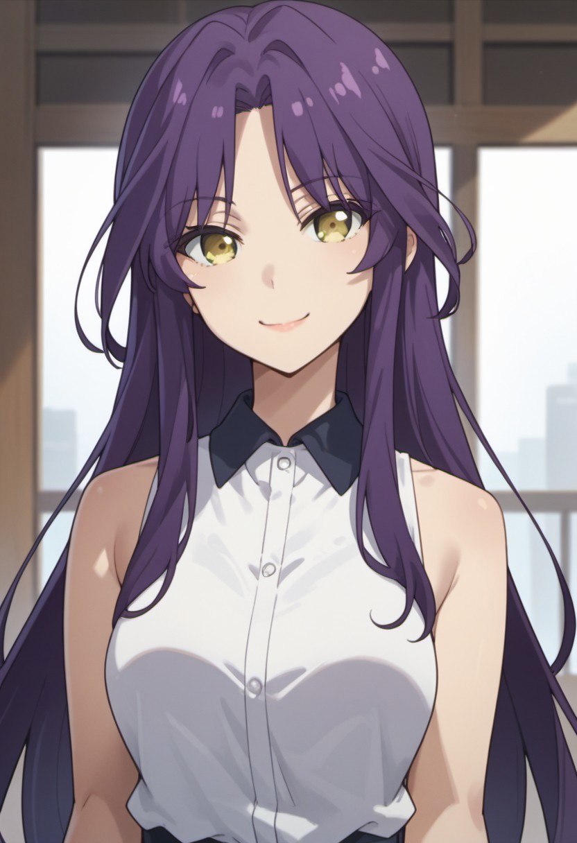 score_9, score_8_up, score_7_up, source_anime, goshoin kyo, purple hair, yellow eyes, long hair, 1girl, solo, anime coloring, looking at viewer, smile, shirt, sleeveless, sleeveless shirt, collared shirt, closed mouth, bare shoulders