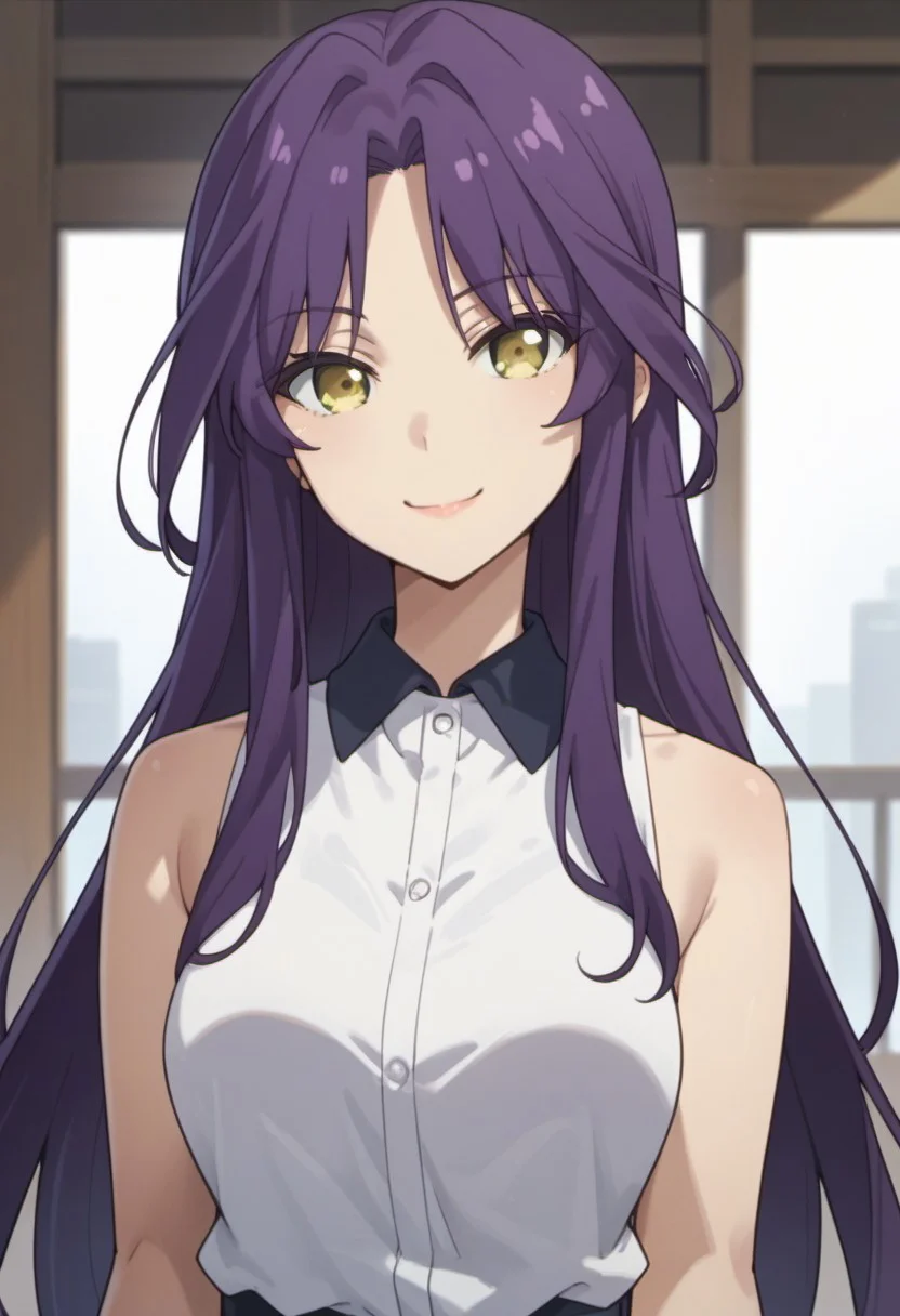 score_9, score_8_up, score_7_up, source_anime, goshoin kyo, purple hair, yellow eyes, long hair, 1girl, solo, anime coloring, looking at viewer, smile, shirt, sleeveless, sleeveless shirt, collared shirt, closed mouth, bare shoulders