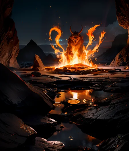 photo fire lava muscular fractured crazed body minotaur mythological creature demon warrior standing fighting stance,  large black horns yellow glowing hollow eyes body made of molten rock  stands on a stone bridge his hooves on fire, in his hand holding magma steel machete with glowing red fire movement trails arcing into the air dark background glowing cracked skin erupting flames cloaked in flame dynamic lighting subsurface scattering ignited . a face of anger and hatred sharp teeth.  smoke corpuscular rays bio luminance caustics,  crown of fire radiating heat illuminating surroundings cave ledge abyss glowing dripping molten rock  <lora:add_detail:0.5>,kilt loincloth,   parched cracked skin,  reflection refraction volumetric lighting  internal combustion flowing trailing cloak windy bright vibrant seams emissive surface high_cheek_bones scars wounds  <lora:epi_noiseoffset:0.1>