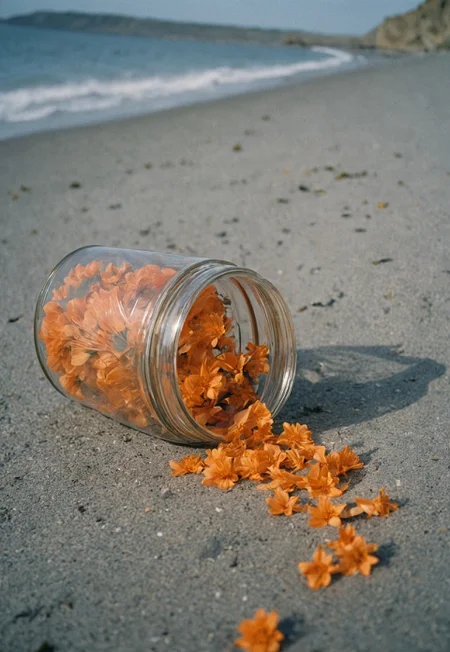Vintage film photography aesthetic, Close up of a jar Full of orange flowers thrown out by the shore, Nature light, Nikon F3, NIKON NIKKOR 24MM F/2.8 AIS LENS, F/4, ISO 100, agfa vista 400 Film, 35mm film, halation, Colour Density, Film Grain