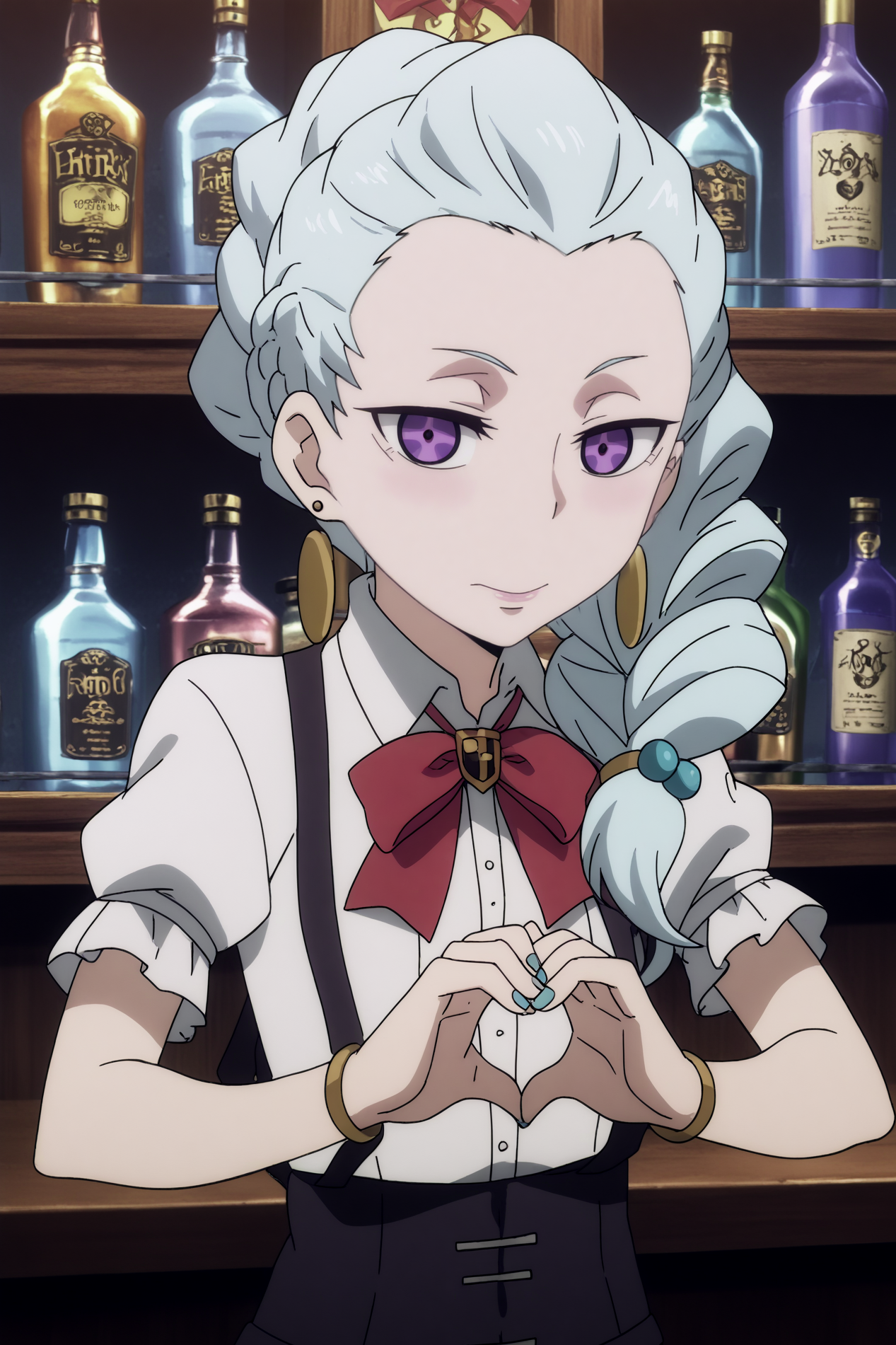  nona,1girl,solo,braid, single_braid, jewelry, earrings, white_hair, bracelet, long_hair, bow,school_uniform, looking_at_viewer, suspenders, short_sleeves, hair_over_shoulder, lipstick, smile,nail polish  heart with hands,   BREAK indoors,bar with alcohol,bar,purple light,gothic_architecture, low light  <lora:Nona_-_Death_Parade.safetensors:1> <lora:detailed_backgrounds_v2.safetensors:0.6>,