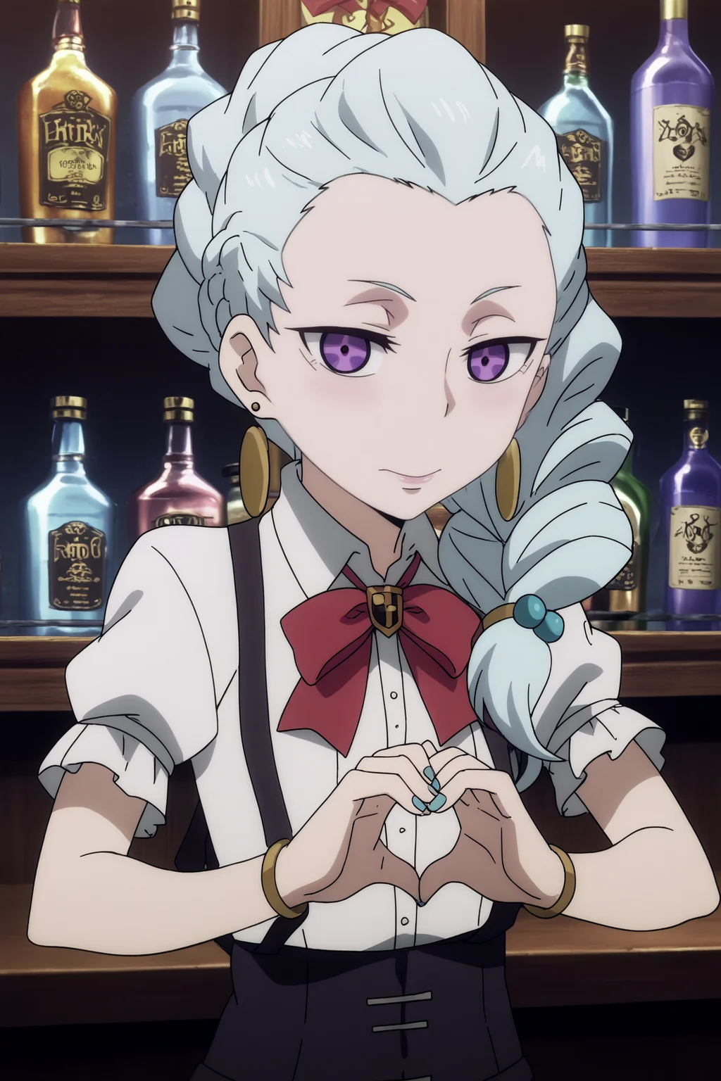 nona,1girl,solo,braid, single_braid, jewelry, earrings, white_hair, bracelet, long_hair, bow,school_uniform, looking_at_viewer, suspenders, short_sleeves, hair_over_shoulder, lipstick, smile,nail polish heart with hands, BREAK indoors,bar with alcohol,bar,purple light,gothic_architecture, low light <lora:Nona_-_Death_Parade.safetensors:1> <lora:detailed_backgrounds_v2.safetensors:0.6>,