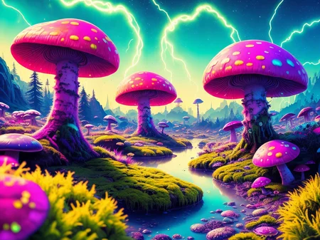 swpunk, synthwave, paint splatters, (extremely detailed 8k wallpaper), a crazy alien landscape with giant glowing mushrooms and colorful moss growing on rocks, ray tracing, detailed reflections, Intricate, High Detail, dramatic, best quality masterpiece, photorealistic, detailed, 8k, HDR, backlighting, bloom, light sparkles, chromatic aberration, sharp focus