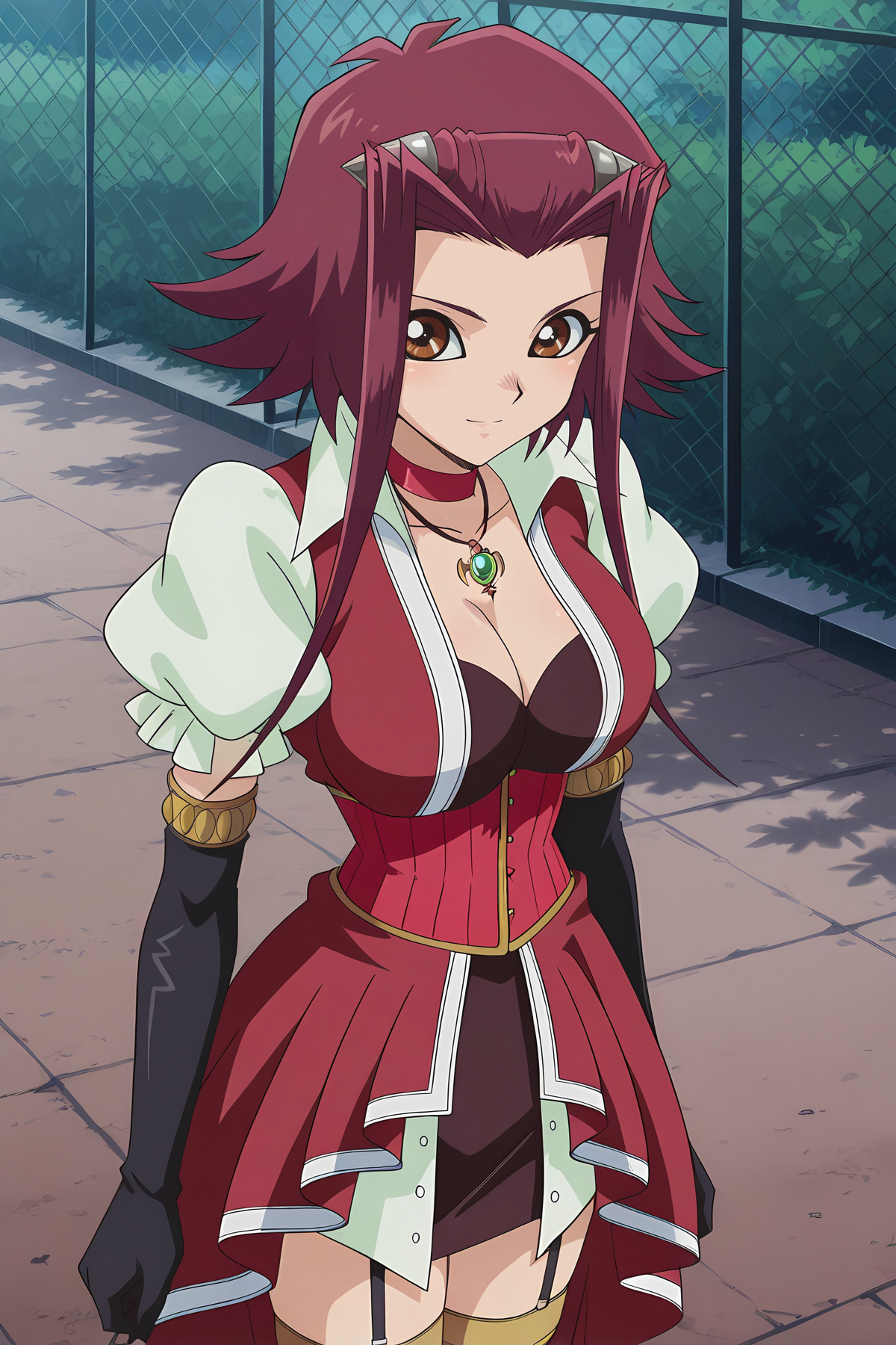 absurdres, highres, masterpiece, best quality, amazing quality, official anime artwork, screencap, anime screencap, outdoors, looking at viewer, light smile,
 <lora:Yu-Gi-Oh_5Ds:1> Aki Izayoi, 1girl, solo, red hair, brown eyes, short hair with long locks, hair ornament, large breasts,, aki-casual, red sleeveless jacket, collar, thighhighs, cleavage, puffy sleeves, pendant, corset, garter straps, zettai ryouiki, red shoes, elbow gloves, chocker, necklace,
