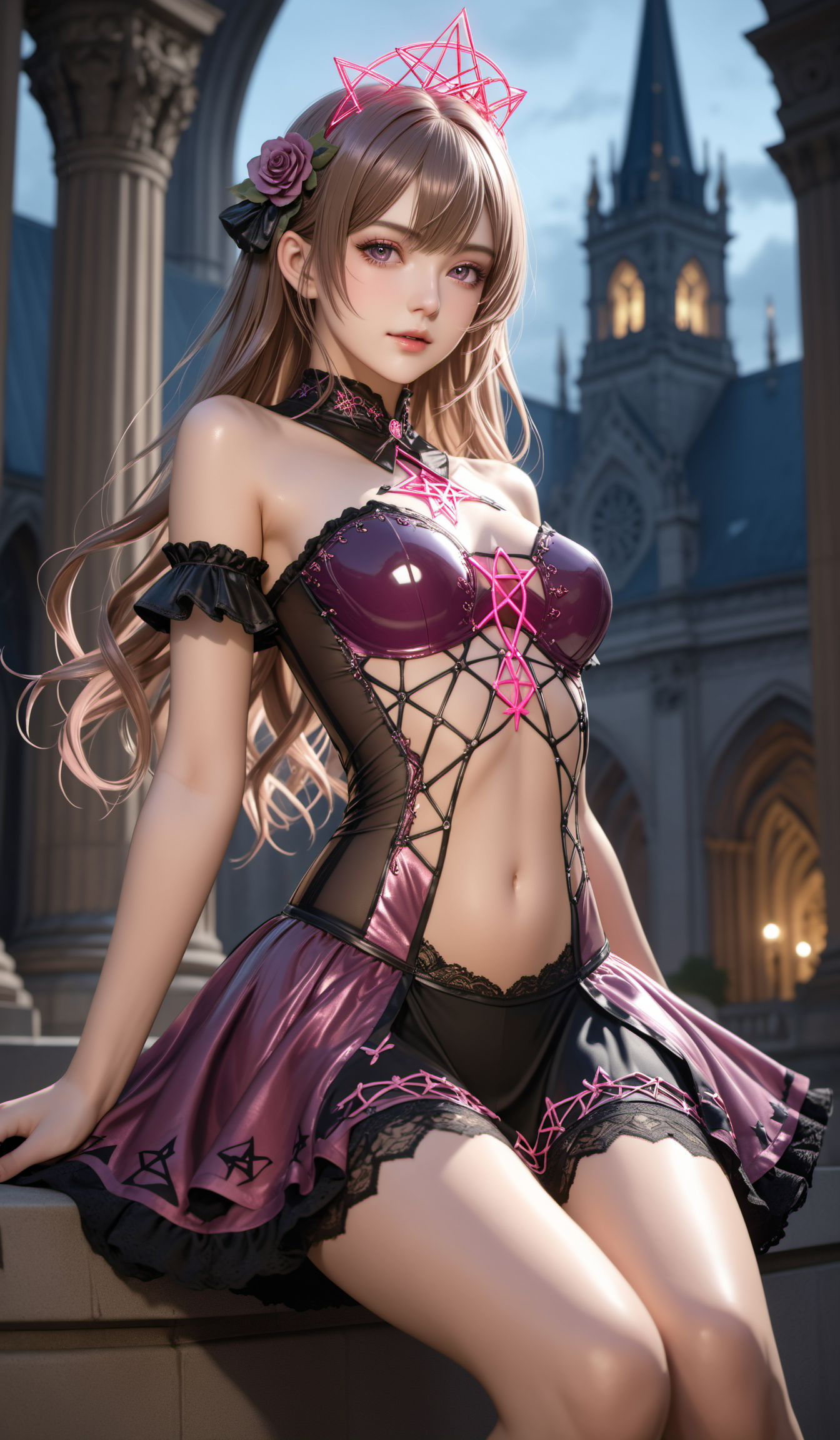 (Best quality,masterpiece,absurdres,ultra realistic:1.4),(Rococo:1.4),(close portrait:1.3),peerlessly beautiful idolmaster ,beautiful detailed eyes,(see-through_clothing),shine,glowing,sparkling,energy coalescing and vibrating,(dynamic angle,dynamic pose),Close-up photo,W-sitting,shy ,sad,disdainful ,Around,sex,nsfw, topless, nude,
gothic_lolita,wearing Hanfu ,(((miniskirt))),
(ochre    neon-laced fabric),(crown, dazzling very slightly included (vs2) ruby, heart cut, girdle facets, 20.00 carat, radiant,    dazzling, enamel, durable, robustness, impregnation, cathedral setting, sustainable, limited supply, vintage, georgian, birthstones),(rosegold elven poison),(cybersys tower,  self-healing concrete,ceramic tiles,polycarbonate roofing roof,Precast Concrete, Bioluminescent Phytoplankton, patio umbrella lights),
(Around floating web:1.4)the most beautiful form of chaos,
(pentagram:1.4),(plum:1.4),