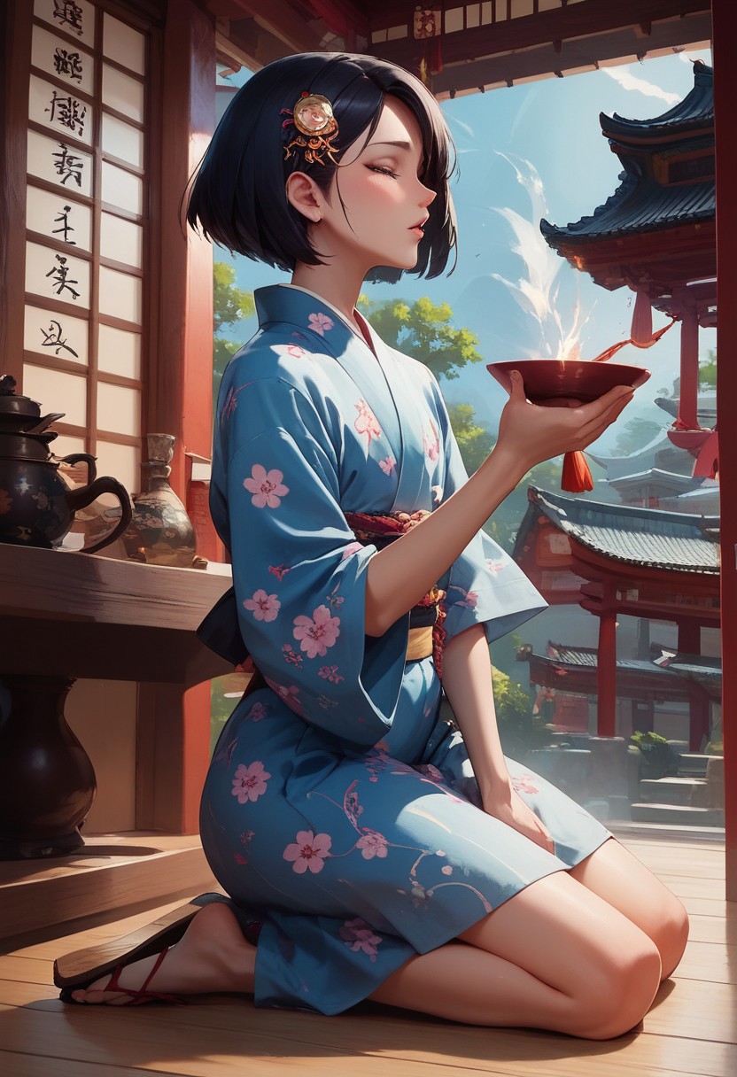 score_9, score_8_up, score_7_up, 1boy, femboy, otoko no ko, short hair, bob cut hair, black hair, grey eyes, gray eyes, feminine face, toned body, Shelly, jyojifuku, yukata, japanese clothes, floral print,hair ornament,sandals, kneeling, head down, eyes closed, holding incense, side view, highly detailed, intricate, zzCitronLegacy, inside, Shinto temple, altar, burning incense, crowded