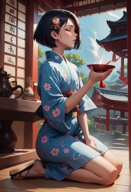 score_9, score_8_up, score_7_up, 1boy, femboy, otoko no ko, short hair, bob cut hair, black hair, grey eyes, gray eyes, feminine face, toned body, Shelly, jyojifuku, yukata, japanese clothes, floral print,hair ornament,sandals, kneeling, head down, eyes closed, holding incense, side view, highly detailed, intricate, zzCitronLegacy, inside, Shinto temple, altar, burning incense, crowded