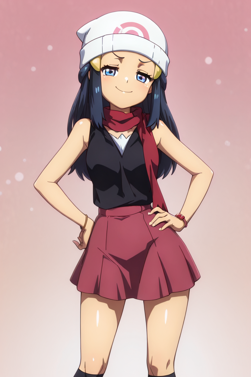 masterpiece, best quality, 1girl, solo, beautiful eyes, zzDawn, blue hair, blue eyes, sidelocks, long hair, bare shoulders, beanie, black shirt, black socks, bracelet, hat, jewelry, kneehighs, miniskirt, pink skirt, red scarf, scarf, shirt, skirt, sleeveless, sleeveless shirt, white headwear,  <lora:DawnPokemonIXL_e07:1.0>  <lora:OkitsuraStyleIXL:1.0>, cowboy shot, hand on hip, smug, smile, looking at viewer, shiny skin,