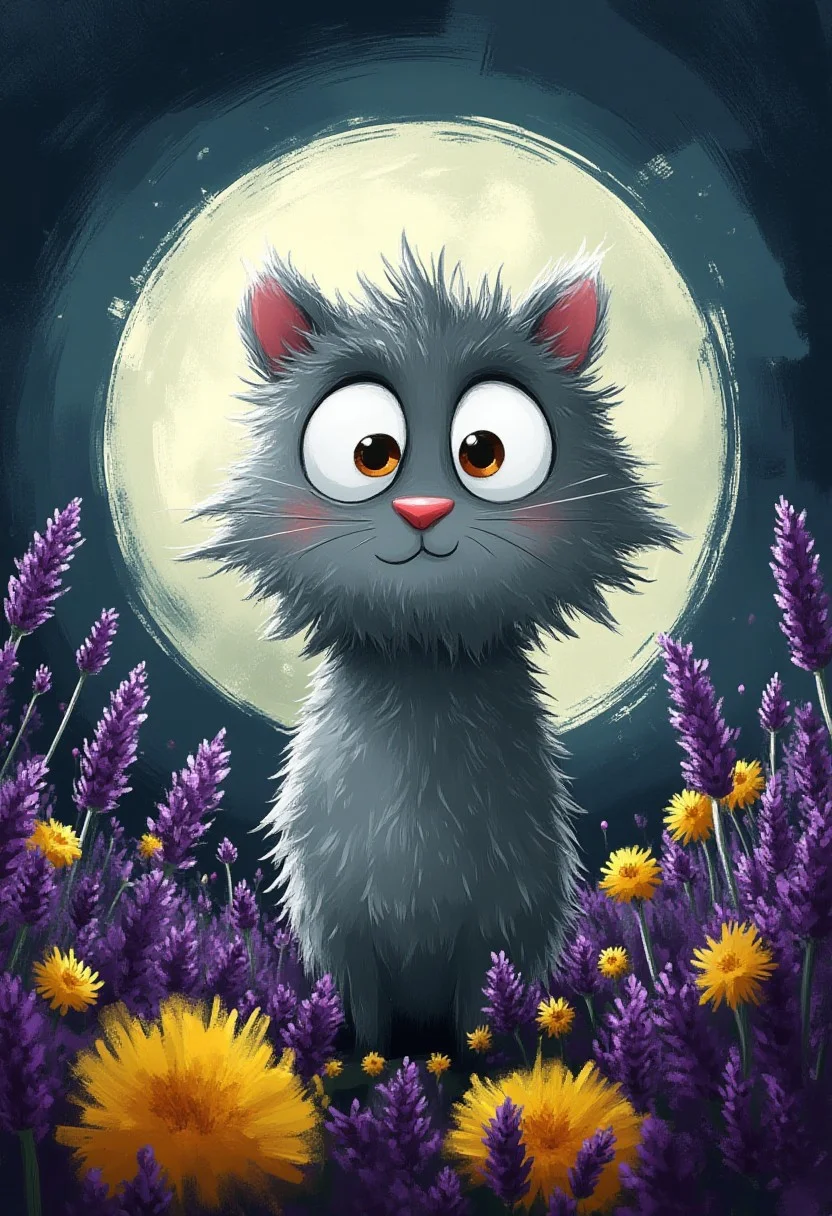 A whimsical illustration of a grey cat with spiky fur in dark whimsical art style, standing among lavender and yellow flowers, digital painting with expressive brushstrokes showing textured fur, full moon background, characteristic Tim Burton inspired design with huge round eyes and pink nose